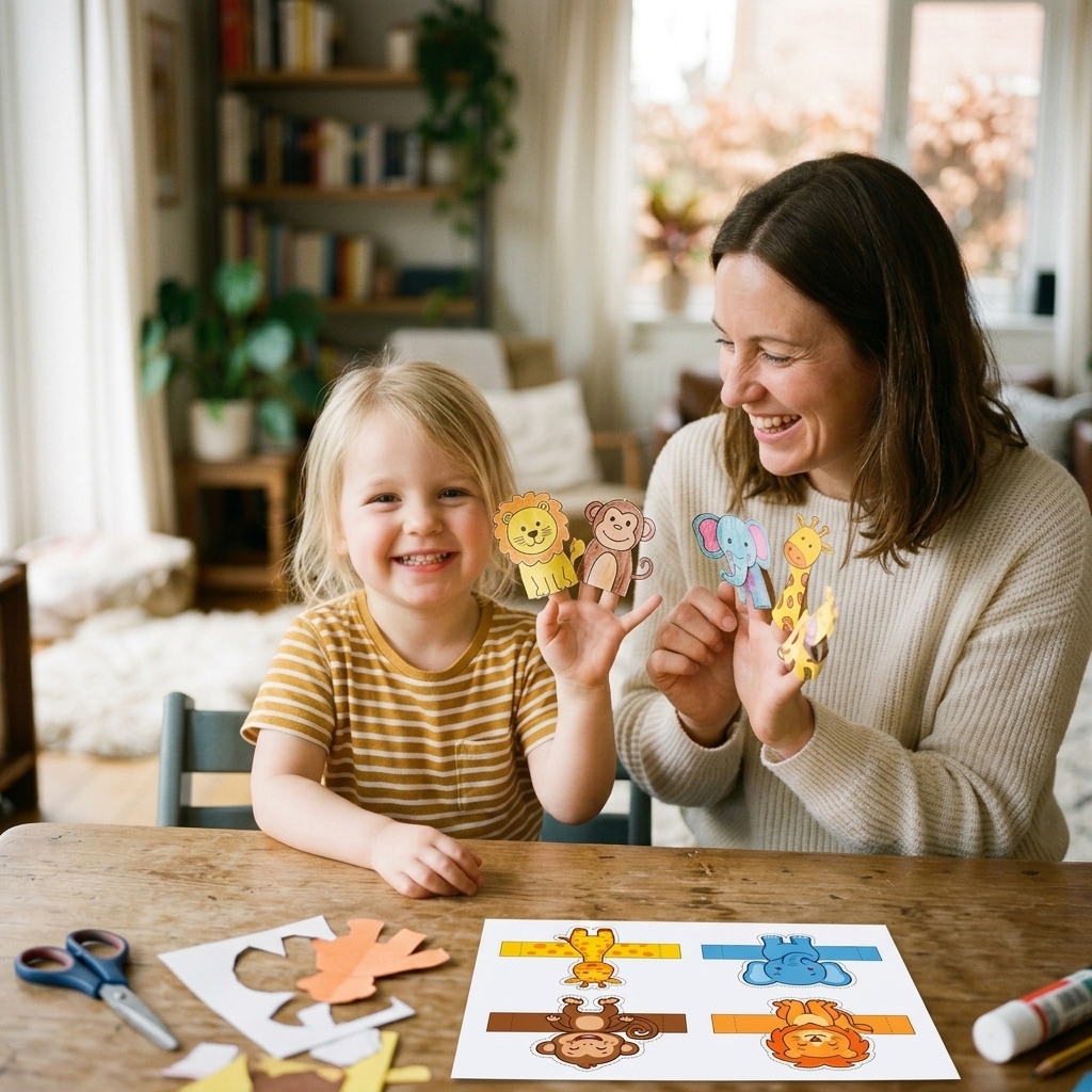 Mãe brincando de teatrinho com a filha usando dedoches de animais