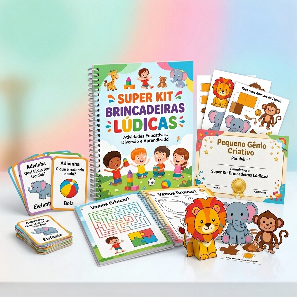 Mockup ilustrativo do Super Kit Brincadeiras Lúdicas com cartões, moldes e certificado