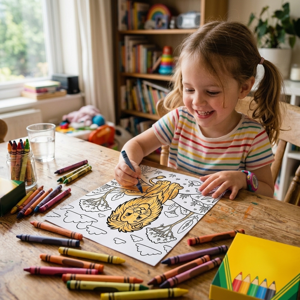 Menina pintando desenho de bichinhos com giz de cera